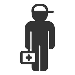 Rescuer with medical suitcase, red cross, ambulance - vector sign, web icon, illustration on white background, glyph style