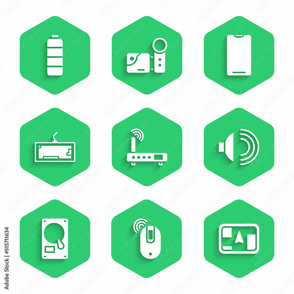 Poster set router and wi-fi signal, wireless computer mouse, gps device with map, speaker volume, hard disk