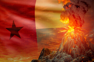 volcano blast eruption at night with explosion on Guinea flag background, suffer from natural disaster and volcanic earthquake conceptual 3D illustration of nature