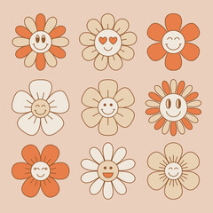 Cute and smiling flower collection in retro 70s style. Vintage floral patches. Vector illustration.