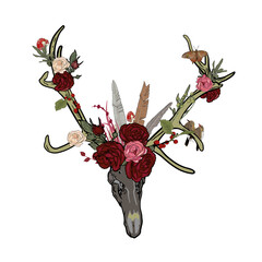 Illustration vectorielle du crâne de cerf dans un style bohème. Crâne en fleurs et plumes comme blanc pour les designers, logo, icône, impression