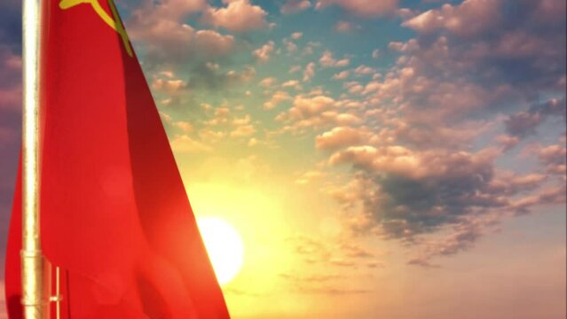 Soviet Union (USSR, SSSR) waving flag on cute sunrise background