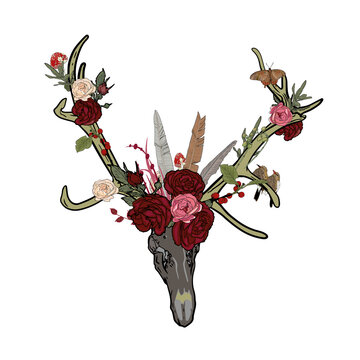Vector illustration of deer skull in boho style. Skull in flowers and feathers as a blank for designers, logo, icon, print