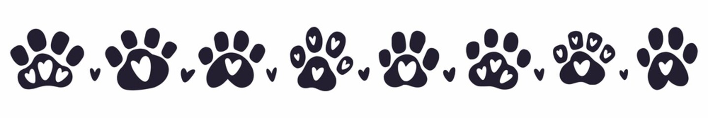Vector, horizontal, children's illustration of hand-drawn paw prints of cats and dogs © Abundzu
