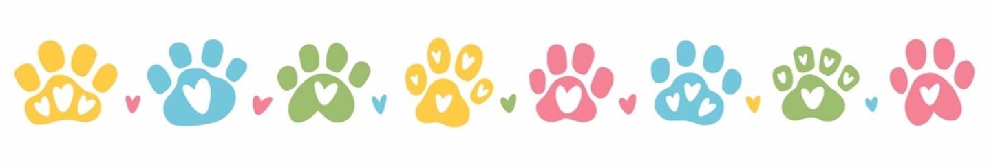 Vector, horizontal, children's illustration of hand-drawn paw prints of cats and dogs © Abundzu
