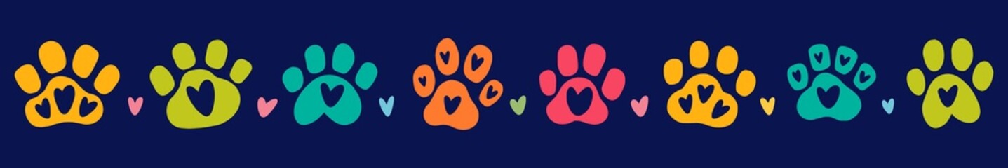 Vector, horizontal, children's illustration of hand-drawn paw prints of cats and dogs © Abundzu