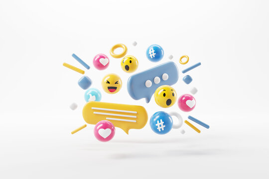 Abstract social media and technology with love, like, comment icon on white background, online social communication applications concept, 3d render.