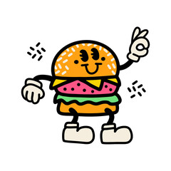 Hand drawn retro design trendy burger cartoon character element. Linear doodle vector illustration. Isolated design for tee print.