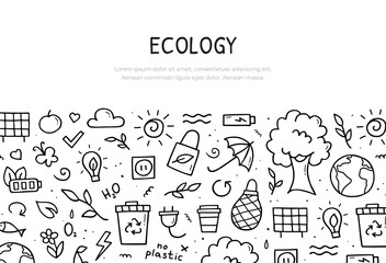 Doodle set of ecology. Banner template. Eco in hand drawn style. Vector illustration.