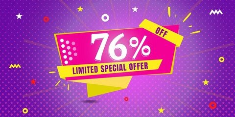 76% off limited special offer. Banner with seventy six percent discount on a  purple background with yellow square and pink