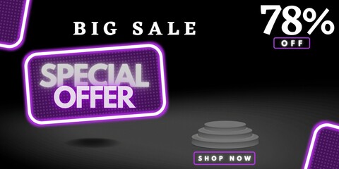 78% off limited special offer. Banner with seventy eight percent discount on a black background with purple square