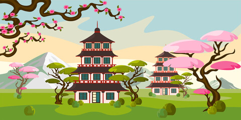 Vector illustration of beautiful Japanese towers. Cartoon Japanese landscape with sakura, trees and mountains in the background.