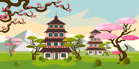 Keuken spatwand met foto Vector illustration of beautiful Japanese towers. Cartoon Japanese landscape with sakura, trees and mountains in the background. © MVshop