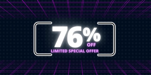 76% off limited special offer. Banner with seventy six percent discount on a  black background with white square and purple