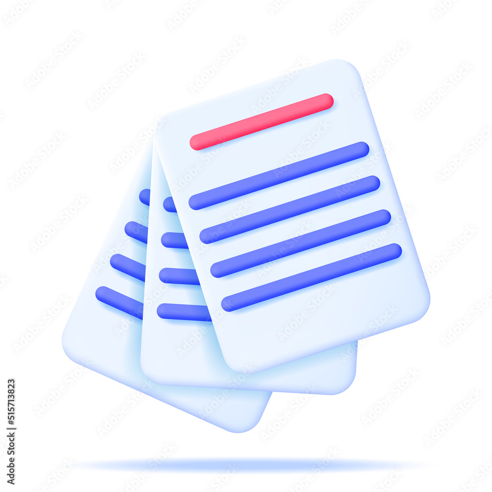 Poster 3d white paper stack with text line isolated. render white sheet with purple text. document mockup t