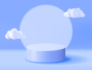 3D Blue Podium with Fluffy Cloud Background. Render Stage Mockup. Platform with Cartoon Clouds. Valentine Day, Birthday Card, Product Display Presentation Advertisement. Realistic Vector Illustration