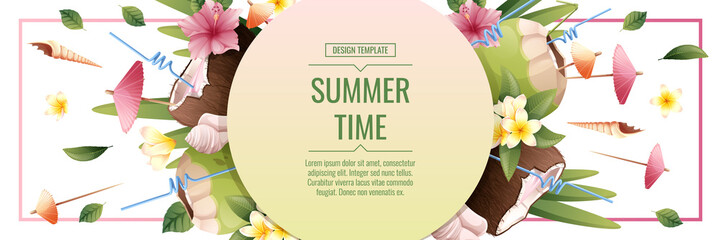 Banner template with beach cocktails in coconut. Beach bar, tropics, summer holidays. Webbaner, poster, flyer, advertising.