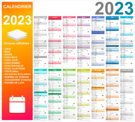 Calendrier 2023 14 mois avec vacances 2023 entièrement modifiable via calques