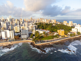 Tip of Salvador with beautiful sunset lighting in a large coastal city with beach, Bahia, Brazil