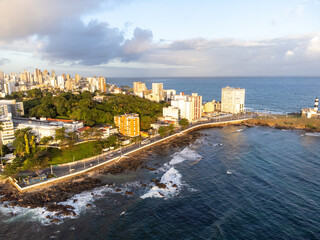 Tip of Salvador with beautiful sunset lighting in a large coastal city with beach, Bahia, Brazil