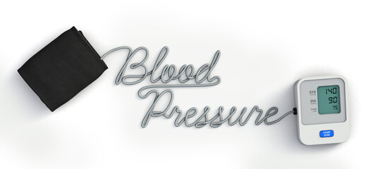 Blood Pressure word made from blood pressure monitor tube. Hypertension on concept. 3d illustration.