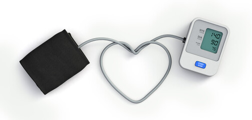 Blood pressure monitor tube in the shape of Heart. Hypertension on concept. 3d illustration. - obrazy, fototapety, plakaty