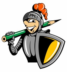 Cartoon style character, knight in the armor, holding the pencil and shield, isolated on white background.