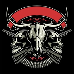 Vector vintage style bull skull with two human skulls, two crossed shotguns, bullets and ornament on background. Vintage style print design.