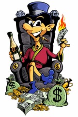 Cartoon style rich man, sitting on the royal throne, smokes a cigar and drinks wine, with lots of money and gold.