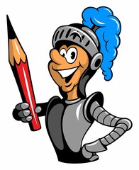Cartoon style character, knight in the armor, holding the pencil, isolated on white background.