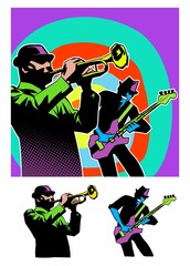 Jazz themed set, jazz festival poster concept, two jazz musicians, jazz trumpeter and bass player, isolated on white background.