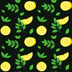 Seamless pattern with lemon slices and halves, leaves and twigs of plants