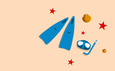 maschera e pinne sulla spiaggia, mare, immersioni, vacanze, 