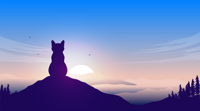 Alone - Cat sitting on hilltop in solitude contemplating in beautiful nature landscape. Vector illustration