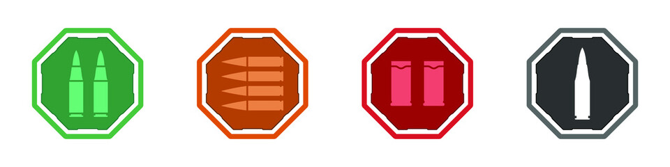 Four types of cartridge vector set. Vector set of bullets for game design. Light, heavy, sniper and shotgun ammo. Game bullet icons.