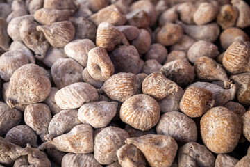 Dehydrated figs in the market. Fresh food of vegetable origin.