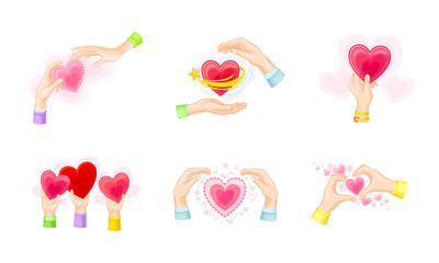 Red hearts in hands set. Charity, philanthropy, support vector illustration