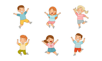 Joyful little boys and girls jumping with their hands raised cartoon vector illustration