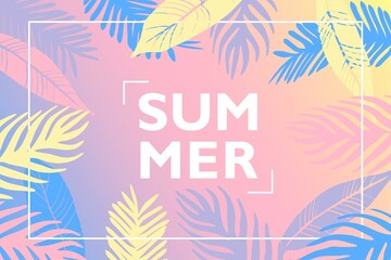 Fototapeta na wymiar Summer tropical background with palm leaves. Pastel resort concept for poster, web baner design.