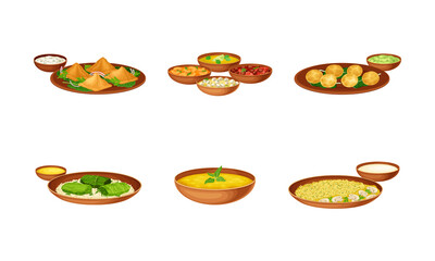 Syrian cuisine food set. Traditional Arabian cuisine dishes served on plates vector illustration