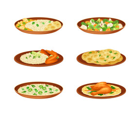 Syrian cuisine food set. Traditional Arabian cuisine dishes vector illustration