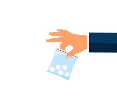 Hand giving drug pills in a plastic bag to another hand. Drug dealer concept. Flat design