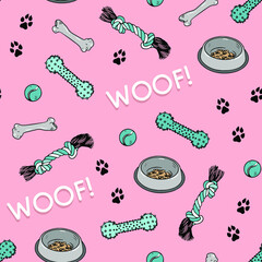 Seamless vector pattern with dog paws print, Woof text, plate, ball, bone and toys. Animal footprint on pink background.