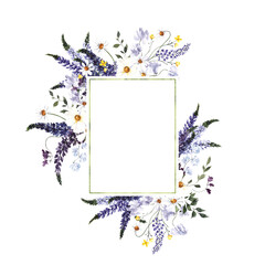 Watercolor frame with wildflowers and herbs, isolated on white background
