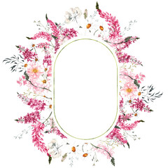 Watercolor frame with wildflowers and herbs, isolated on white background