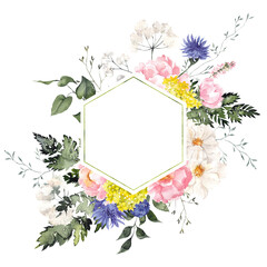 Watercolor frame with wildflowers and herbs, isolated on white background