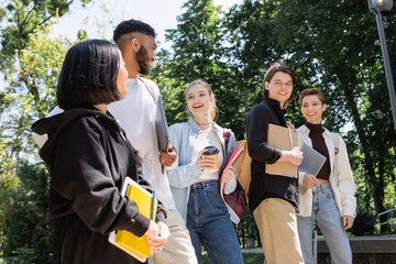 Low angle view of multiethnic students with notebooks talking in summer park.