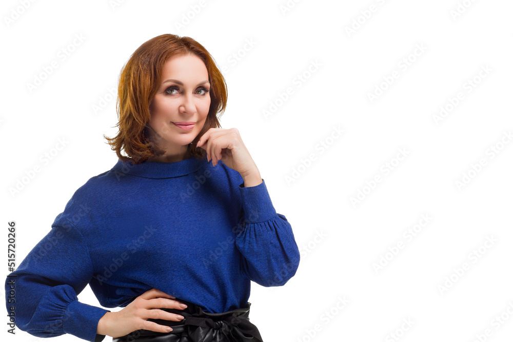 Wall mural Confident employee business woman 50s, isolated on white background studio portrait.