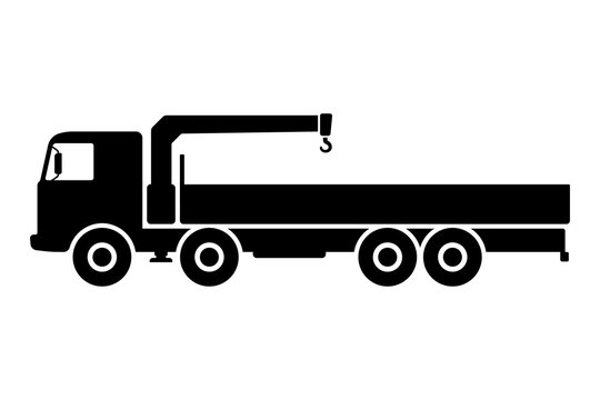Big truck crane manipulator icon. Black silhouette. Side view. Vector simple flat graphic illustration. Isolated object on a white background. Isolate.