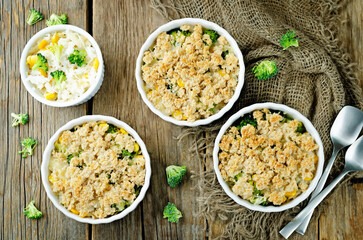 Broccoli corn rice casserole in a white plate
